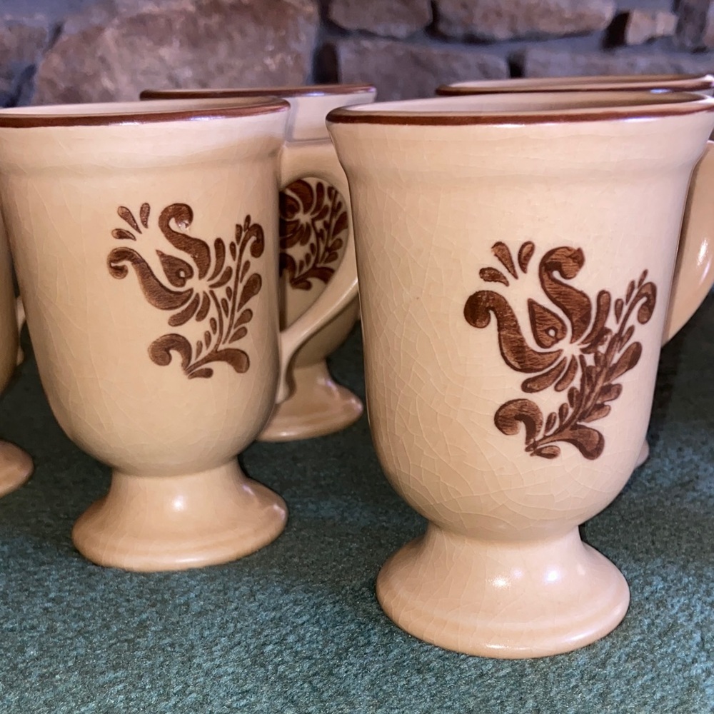 Cream Stoneware Pedestal Mugs with Brown Floral Motif - Set of 6 - Picture 2 of 3